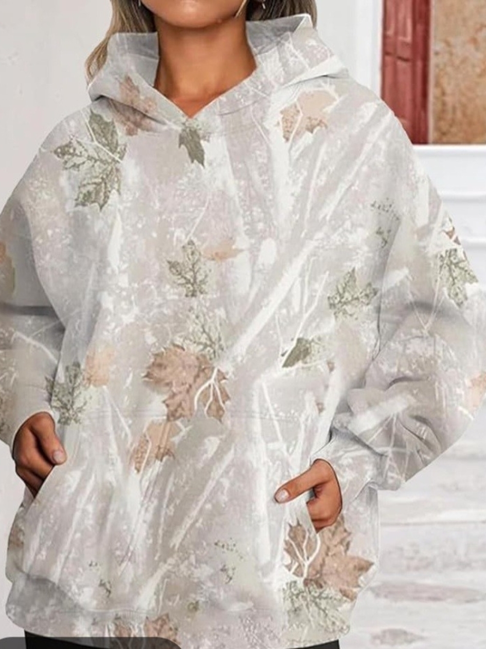 Floral Leaf Print Hoodie Sweatshirt - White